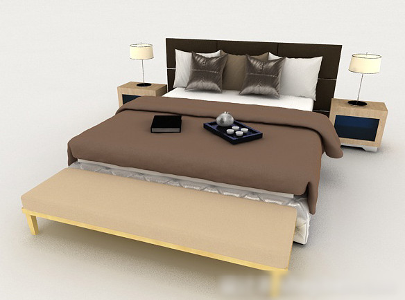 现代卧室棕色双人床3d模型下载(现代家居卧室木制双人床3dmax模型文件)V1.00 免费版1